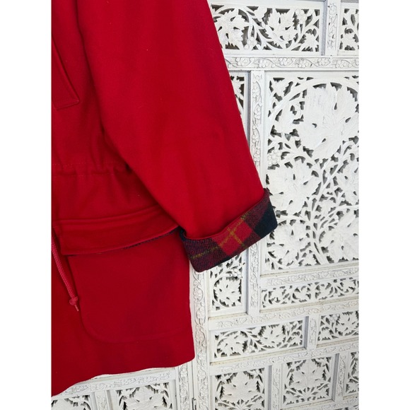 Vintage Fofeld Red Wool Plaid Drawstring Hooded Coat Womens XL-2X Retro Indie - Picture 2 of 8